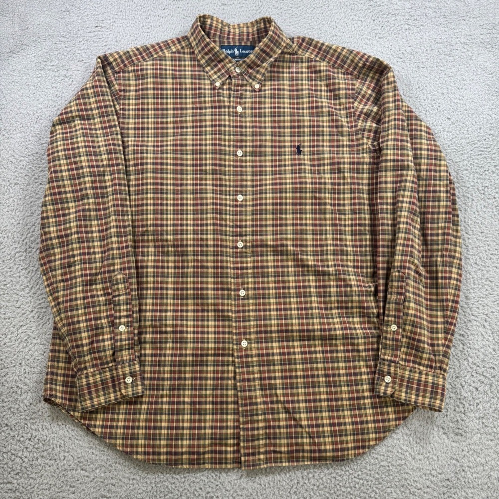 Ralph Lauren Mens XL Classic Fit Plaid Button Down Shirt Brown Red Cotton
